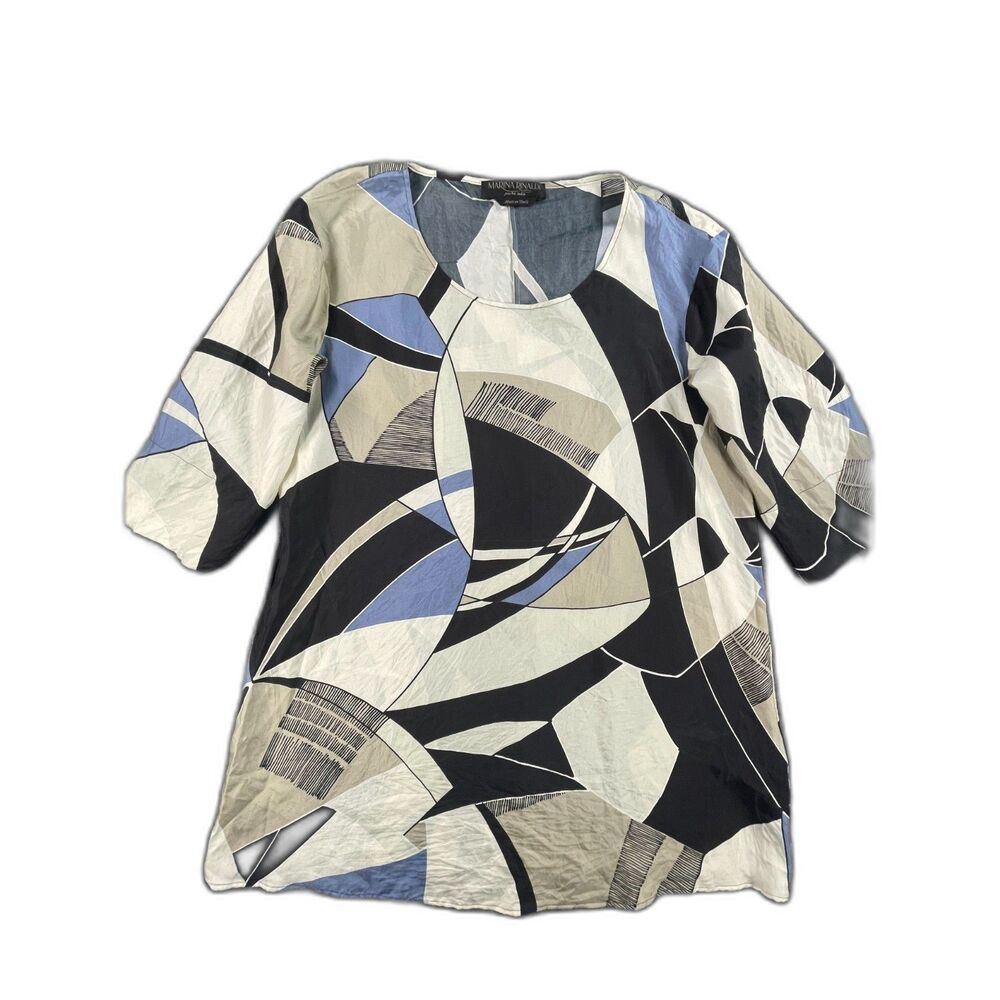 Marina Rinaldi Geometric Silk Tunic Top US‎ 12 Blue Black Abstract Luxury Blouse